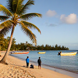 Caribbean Holidays, Martinique Fishing, Anglers enjoying a peaceful afternoon beside a sandy Martinique beach, with palm trees, clear water and colourful boats nearby