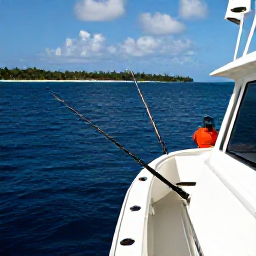 Caribbean Holidays, Martinique Fishing, Anglers fishing from a modern boat in deep blue Caribbean water off Martinique, with fishing rods, open sea and a distant tropical coastline