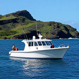 Caribbean Holidays, Martinique Fishing, Anglers fishing from a modern charter boat near Martinique, rods set out over clear blue water and a rugged green coastline in the background