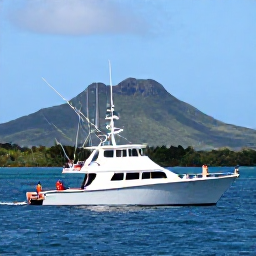 Caribbean Holidays, Martinique Fishing, Anglers on a modern charter boat fishing in deep blue Caribbean waters near Martinique, rugged green coastline in the background