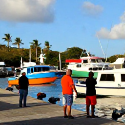 Caribbean Holidays, Martinique Fishing, Friendly anglers returning to a colourful marina in Martinique after a day at sea, with palm trees and fishing boats