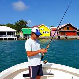 Caribbean Holidays, Martinique Fishing, Friendly local fishing guide helping holidaymakers prepare rods and reels on a Martinique boat, with colourful harbour buildings behind them