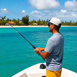 Caribbean Holidays, Martinique Fishing, Friendly local fishing guide helping visitors handle a rod on a bright Martinique boat, with tropical coastline and clear water behind them