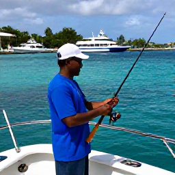 Caribbean Holidays, Martinique Fishing, Friendly local fishing guide preparing rods and tackle aboard a charter boat in a Martinique marina