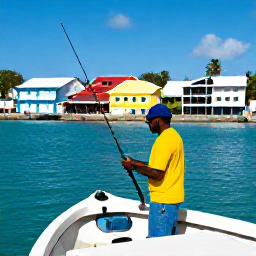 Caribbean Holidays, Martinique Fishing, Friendly local fishing guide preparing rods on a shaded boat in a Martinique harbour, with colourful waterfront buildings behind