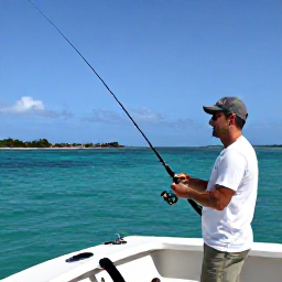 Caribbean Holidays, Martinique Fishing, Friendly local fishing guide showing an angler how to handle tackle on a boat near Martinique&rsquo;s green volcanic coast