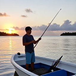 Caribbean Holidays, Martinique Fishing, Friendly Martinique fishing guide preparing rods and tackle on a small charter boat at sunrise