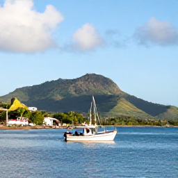 Caribbean Holidays, Martinique Fishing January, A bright January morning on Martinique&rsquo;s Caribbean coast, with a small fishing boat leaving a sheltered harbour beneath green hills