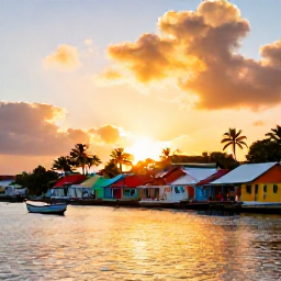 Caribbean Holidays, Martinique Fishing January, Colourful fishing village in Martinique at sunset, boats by the harbour, palm trees and a relaxed Caribbean atmosphere