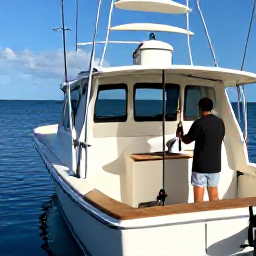 Caribbean Holidays, Martinique Fishing January, Friendly Martinique fishing guide helping holidaymakers on a modern boat, rods and tackle neatly arranged in the morning sunshine