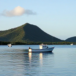 Caribbean Holidays, Martinique Fishing July, A small fishing boat heading out at sunrise from a tropical Martinique harbour, with calm blue water and green hills beyond