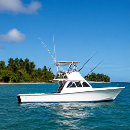 Caribbean Holidays, Martinique Fishing July, Anglers fishing from a modern charter boat off the coast of Martinique, with tropical coastline, bright sea and fishing rods in action