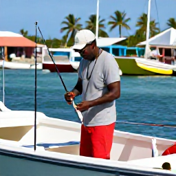 Caribbean Holidays, Martinique Fishing July, Friendly local fishing guide preparing rods and bait on a charter boat in a Martinique marina, with colourful boats and palm trees