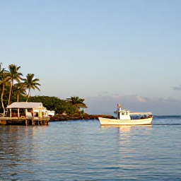 Caribbean Holidays, Martinique Fishing May, A bright early morning fishing boat leaving a sheltered Martinique harbour, with tropical coastline and calm Caribbean water