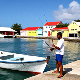 Caribbean Holidays, Martinique Fishing May, A local Martinique fishing guide helping visitors prepare rods and tackle on a small boat beside a colourful harbour