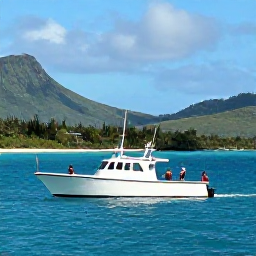 Caribbean Holidays, Martinique Fishing May, Anglers fishing from a modern boat in clear blue Caribbean water off Martinique, with green hills in the background