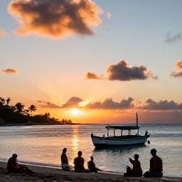 Caribbean Holidays, Martinique Fishing May, Visitors relaxing beside a fishing boat at sunset in Martinique, with a colourful sky, calm sea and tropical shoreline