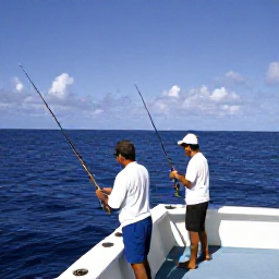 Caribbean Holidays, Martinique Fishing, Sport fishing boat travelling across deep blue Atlantic water off Martinique, anglers preparing rods and tackle