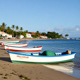 Caribbean Holidays, Martinique Fishing, Traditional Martinique fishing village with colourful boats, nets and palm-fringed shoreline in bright morning light