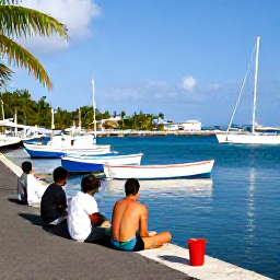 Caribbean Holidays, Martinique Fishing, Travellers relaxing beside a Martinique marina after a fishing trip, with colourful boats and palm trees