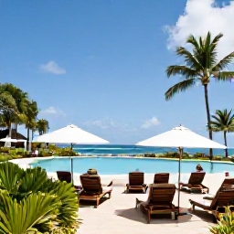 Caribbean Holidays, Martinique Holidays, A comfortable all-inclusive resort in Martinique overlooking a tropical beach, with a swimming pool, sun loungers, gardens and guests enjoying a relaxed afternoon