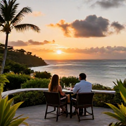 Caribbean Holidays, Martinique Holidays, A couple enjoying a sunset view from a Martinique hotel terrace with tropical gardens and the Caribbean Sea beyond