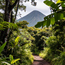 Caribbean Holidays, Martinique Holidays, A hiking trail through lush rainforest in northern Martinique, with Mount Pel&eacute;e rising in the background and filtered sunlight through leaves