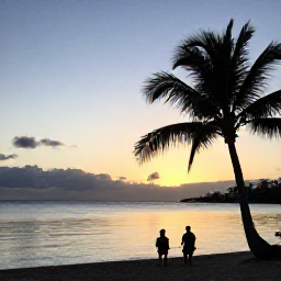 Caribbean Holidays, Martinique Holidays, A peaceful Martinique beach at sunset in October, with calm Caribbean water, palm silhouettes and a couple enjoying the evening light