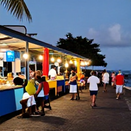 Caribbean Holidays, Martinique Holidays, A relaxed evening in Martinique with local Creole food, colourful market lights and visitors enjoying a friendly coastal atmosphere