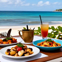 Caribbean Holidays, Martinique Holidays, A relaxed Martinique restaurant table with Creole dishes, fresh seafood and a glass of rum punch overlooking the sea
