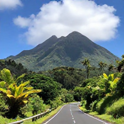Caribbean Holidays, Martinique Holidays, A scenic Martinique landscape with Mount Pel&eacute;e, lush rainforest, a winding road and tropical vegetation under a partly cloudy sky