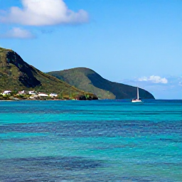 Caribbean Holidays, Martinique Holidays, A sunny Caribbean coastline in Martinique with turquoise water, green hills and a small sailing boat offshore
