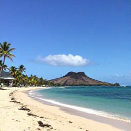 Caribbean Holidays, Martinique Holidays, A wide view of a calm turquoise Caribbean beach in Martinique, with palm trees, volcanic hills and a small fishing boat