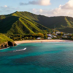 Caribbean Holidays, Martinique Holidays, Aerial view of Martinique's turquoise Caribbean coastline, green hills and sandy beaches in warm morning light