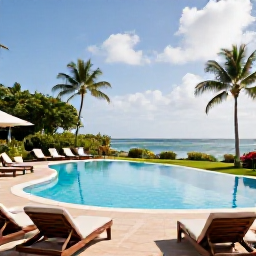 Caribbean Holidays, Martinique Holidays, An elegant all-inclusive resort in Martinique with a swimming pool, sun loungers, tropical gardens and views towards the sea