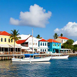 Caribbean Holidays, Martinique Holidays, Colourful Martinique waterfront with traditional boats, caf&eacute;s and historic buildings beneath a bright tropical sky