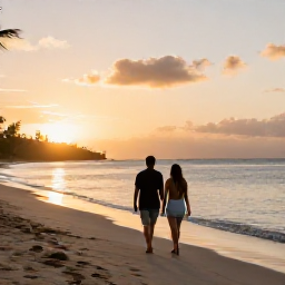 Caribbean Holidays, Martinique Holidays, Couple walking along a peaceful Martinique beach at sunset, warm golden light and calm Caribbean sea