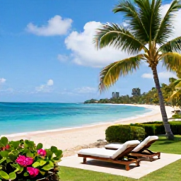 Caribbean Holidays, Martinique Holidays, Elegant all-inclusive resort in Martinique beside a sandy beach, with loungers, tropical gardens and clear blue sea