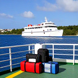 Caribbean Holidays, Martinique Holidays, Ferry and inter-island travel scene in the Caribbean, with Martinique coastline, luggage and a comfortable passenger boat
