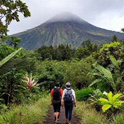 Caribbean Holidays, Martinique Holidays, Hikers walking through lush Martinique rainforest beneath Mount Pel&eacute;e with misty volcanic slopes in the background
