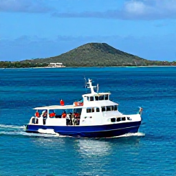 Caribbean Holidays, Martinique Holidays, Passengers boarding a small inter-island ferry in the Caribbean, with bright blue sea and tropical islands in the background