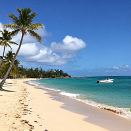 Caribbean Holidays, Martinique Holidays, Quiet sandy beach in Martinique with turquoise water, palm trees and a small boat offshore