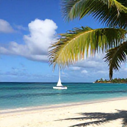Caribbean Holidays, Martinique Holidays, Relaxed white-sand beach on Martinique with turquoise water, shady palms and a small sailing boat
