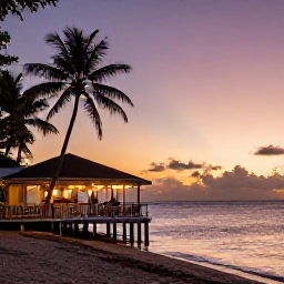 Caribbean Holidays, Martinique Holidays, Sunset over a quiet Martinique beach with a small seaside restaurant, warm sky and gently lit palms