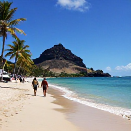 Caribbean Holidays, Martinique Holidays, Travellers walking along a palm-fringed beach in Martinique with clear shallow water and volcanic hills in the background