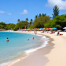 Caribbean Holidays, Martinique Holidays, Visitors swimming and relaxing on a beautiful sandy beach in southern Martinique, with clear water, colourful umbrellas and tropical vegetation