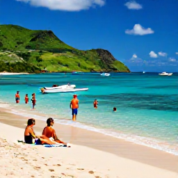 Caribbean Holidays, Martinique Holidays, Visitors swimming and relaxing on a sandy Martinique beach, with clear shallow water, green hills and small boats offshore