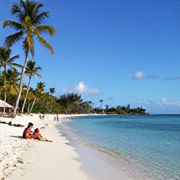 Caribbean Holidays, Martinique Holidays, White sandy beach in Martinique with calm clear water, palm trees and visitors enjoying a peaceful afternoon
