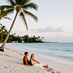 Caribbean Holidays, Martinique Honeymoon, A newlywed couple relaxing on a quiet white-sand beach in Martinique in November, with turquoise water, palm trees and soft morning light