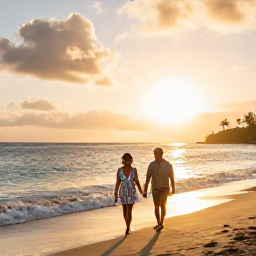 Caribbean Holidays, Martinique Honeymoon, Romantic Martinique beach at sunset with two glasses of champagne, gentle waves, golden light and a couple walking along the shoreline